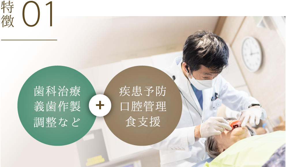 特徴01 歯科治療・義歯作製・調整など + 疾患予防・口腔管理・食支援
